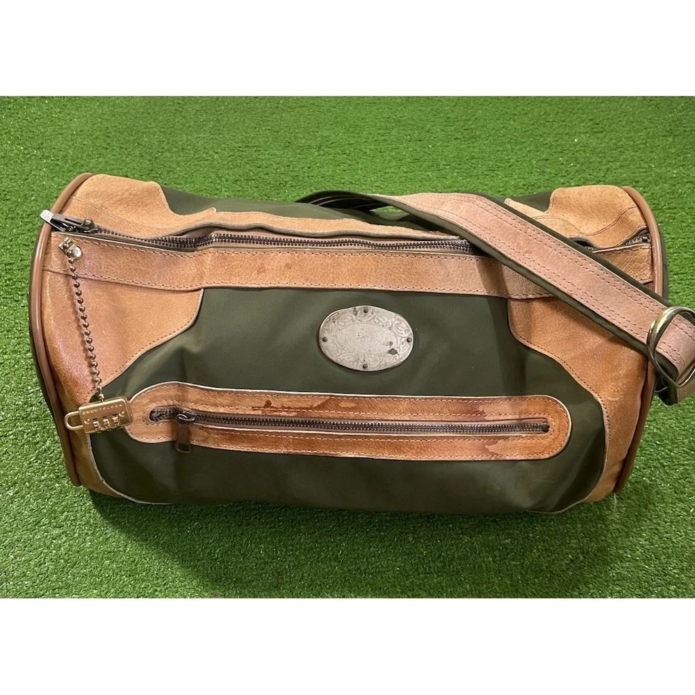 Vintage Waxed Canvas Weekender Duffle Bag Olive Drab Brown Leather Western 70s